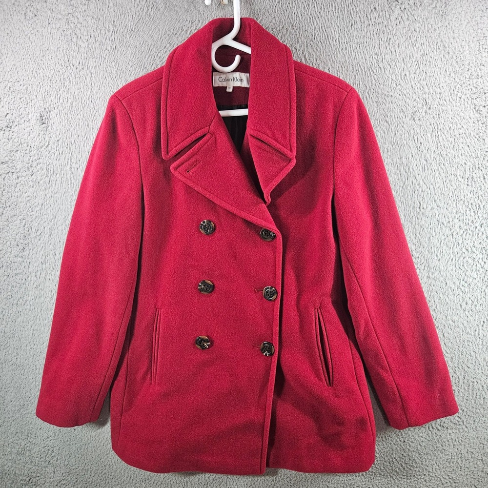 NEW Calvin Klein Womens Red Wool Blend Double Breasted Pea Coat Jacket Size 10